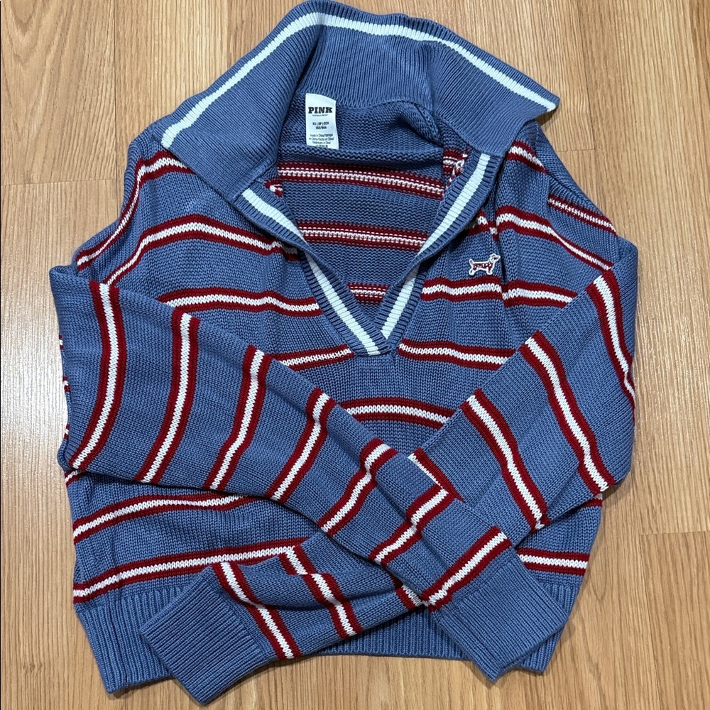 PINK Victoria's Secret Men's Blue and Red Zip-Up Sweater